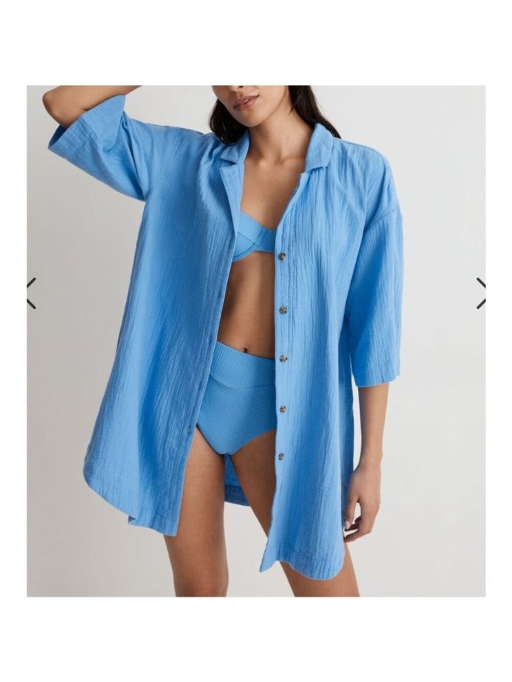 Madewell Crinkle Gauze Blue Cotton Mini Shirt Dress Cover-Up Size M